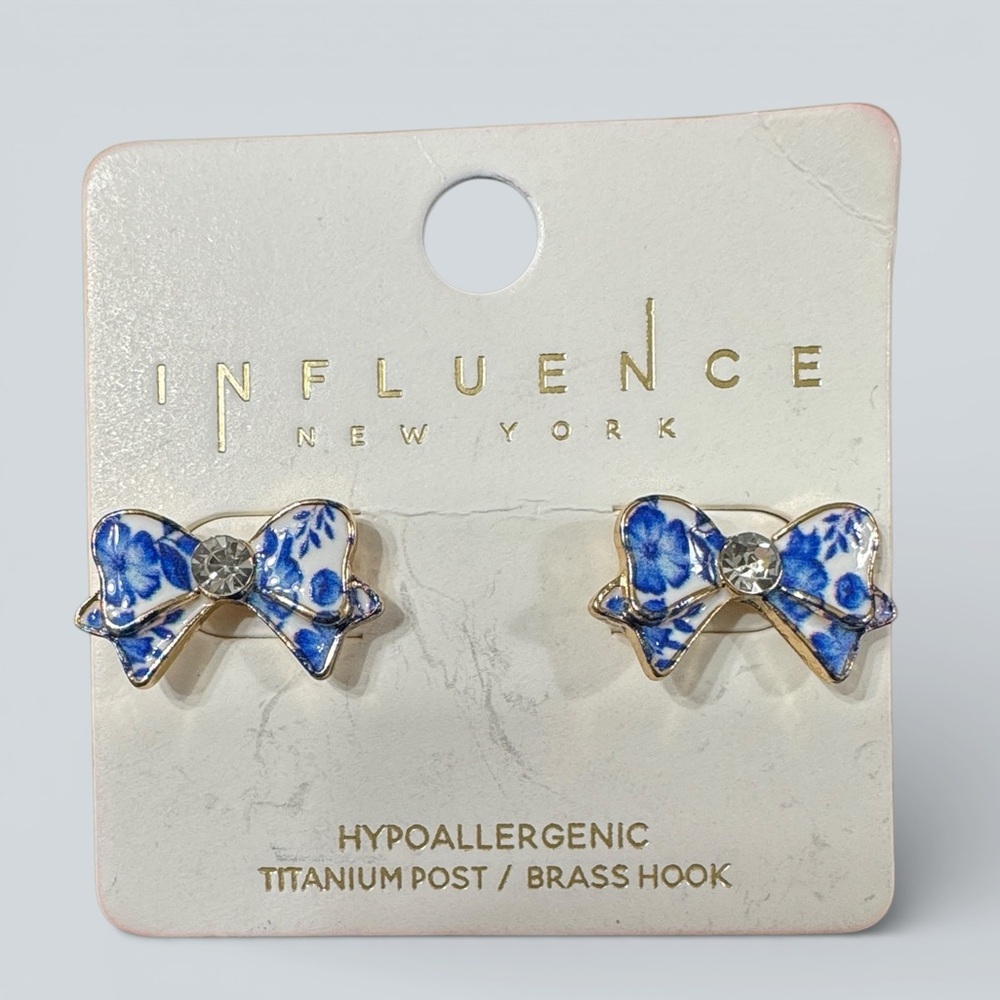 Influence New York Blue Floral Bow Stud Earrings - Picture 2 of 3